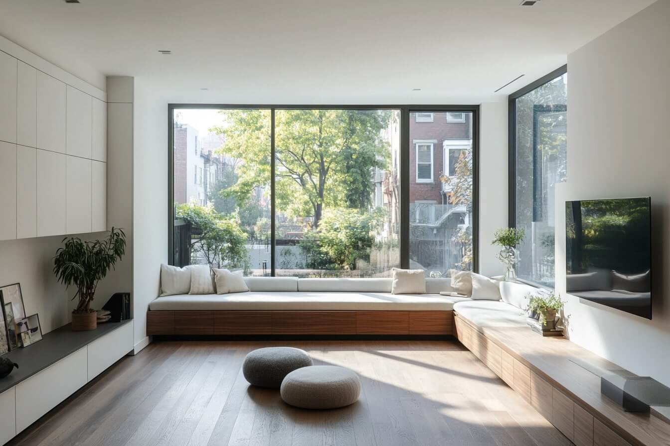 Bedroom Window Seat Built In Construction With Hidden Storage Below